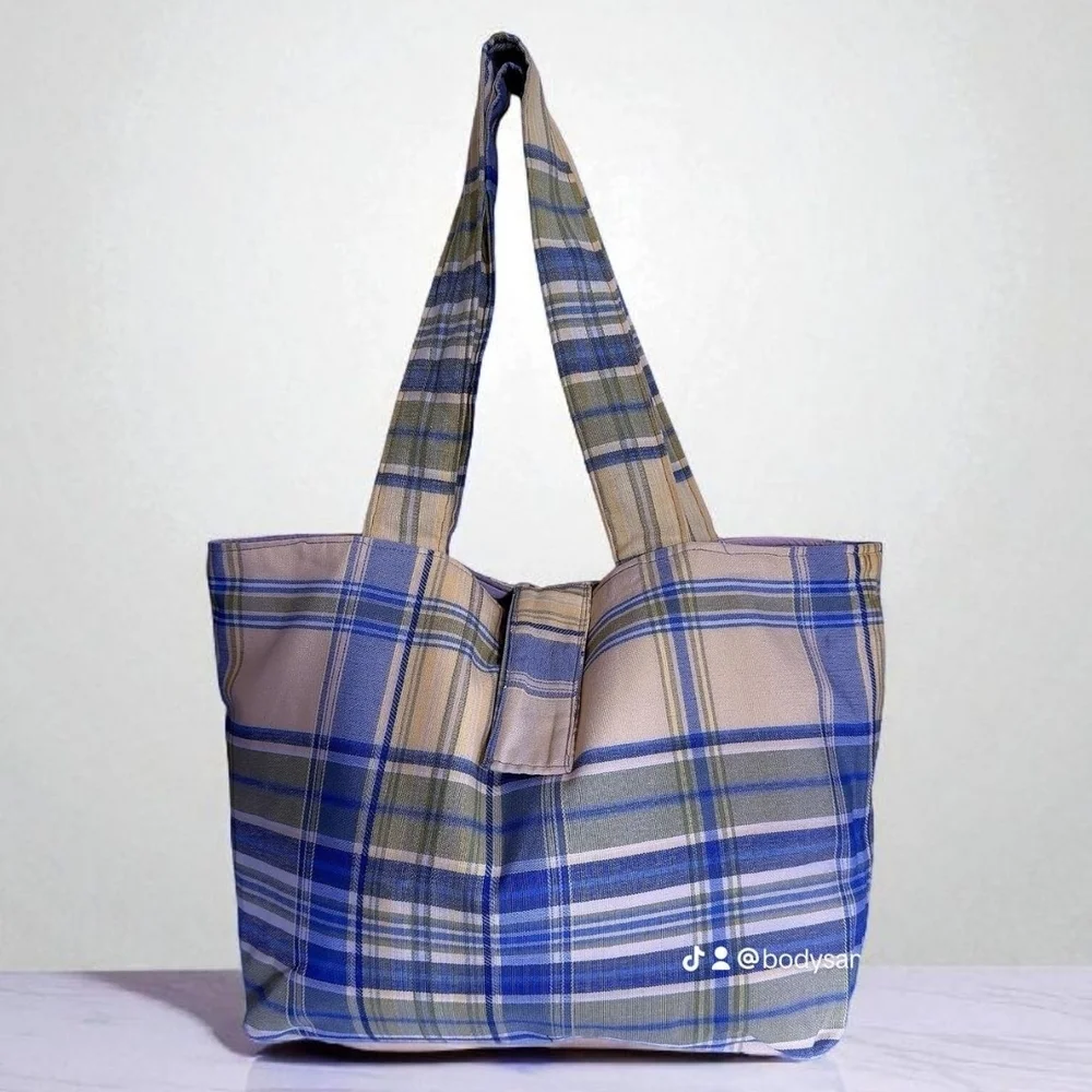 Elegant Blue and Tan Plaid Tote Bag